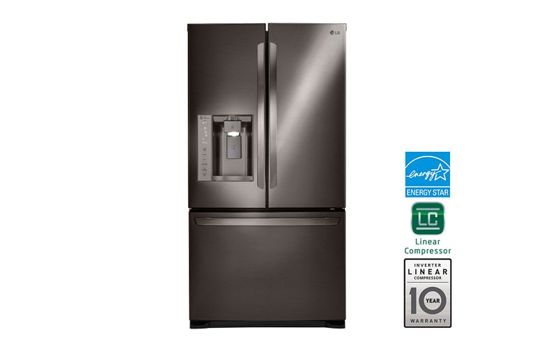 Front view of 36&#34; Black Stainless Steel French Door Refrigerator with Slim SpacePlus™ Ice System, 27 cu. ft. LFX28968D