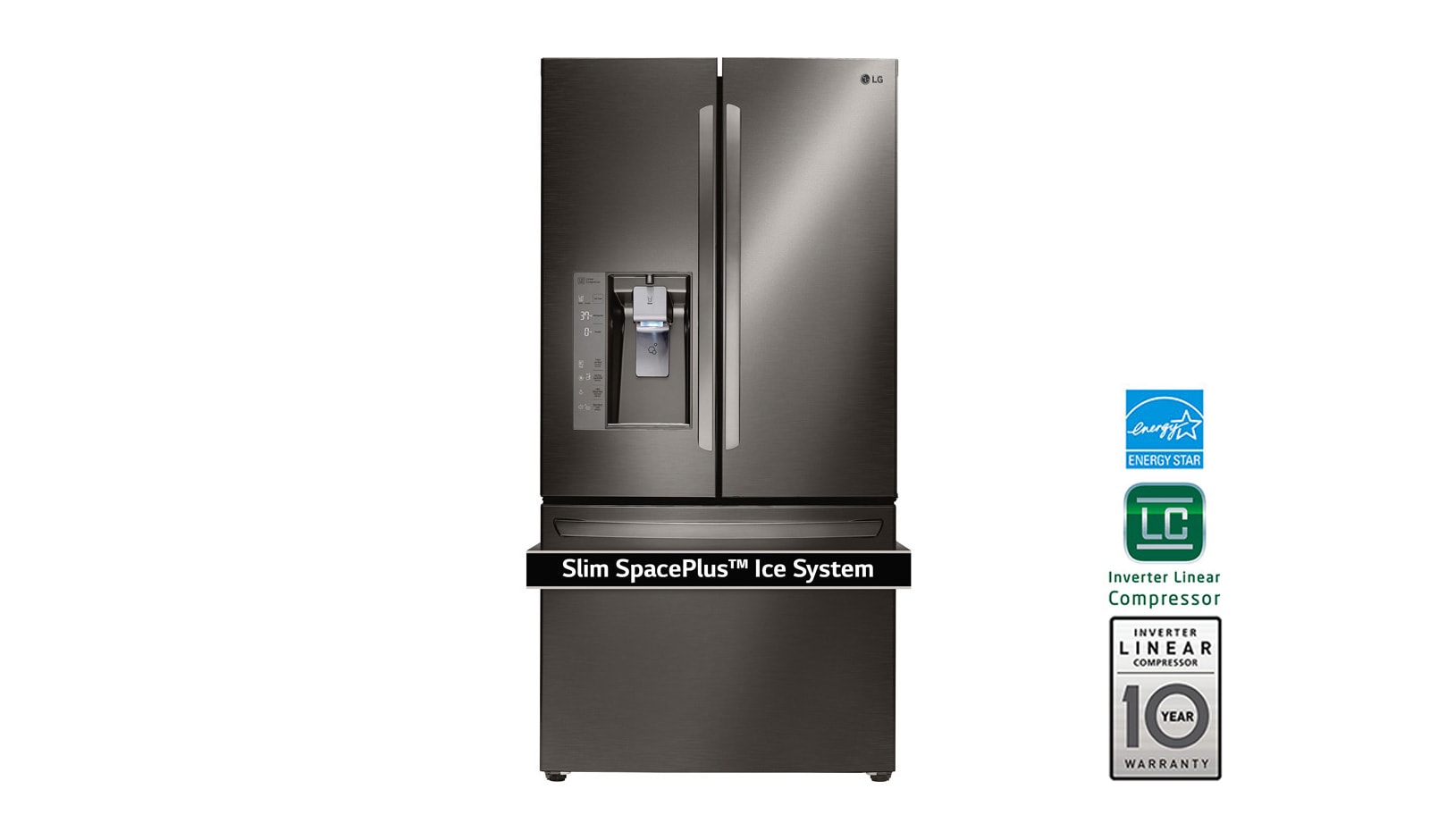 Front view of 36&#34; Black Stainless Steel Counter Depth French Door Refrigerator, 24 cu.ft. LFXC24726D