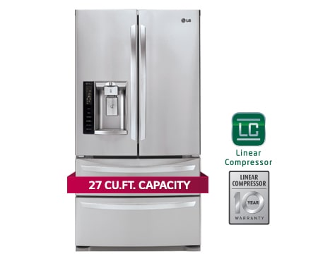 Front view of 36 Inch, 27 cu.ft. Ultra-Capacity 4 Door French Door Refrigerator LMXS27626S