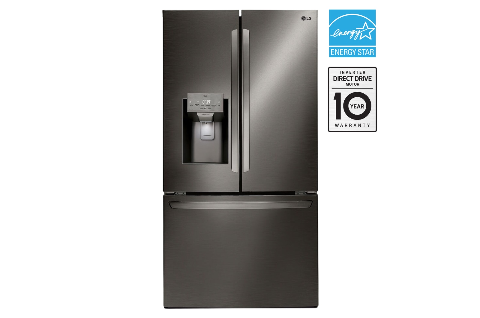 Front view of 36" 28 cu. ft. Standard-Depth French 3-Door Refrigerator | Ice & Water Dispenser LRFS28XBD