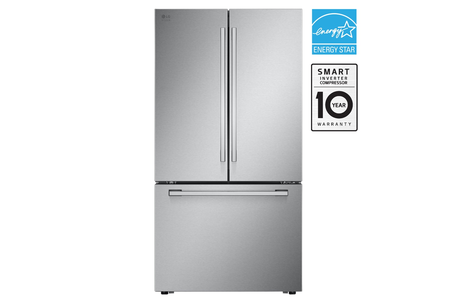 Front view of 36" 27 cu. ft. LG STUDIO Counter-Depth MAX® French 3-Door Refrigerator | Internal Water Dispenser | Ice Maker SRFB27S3