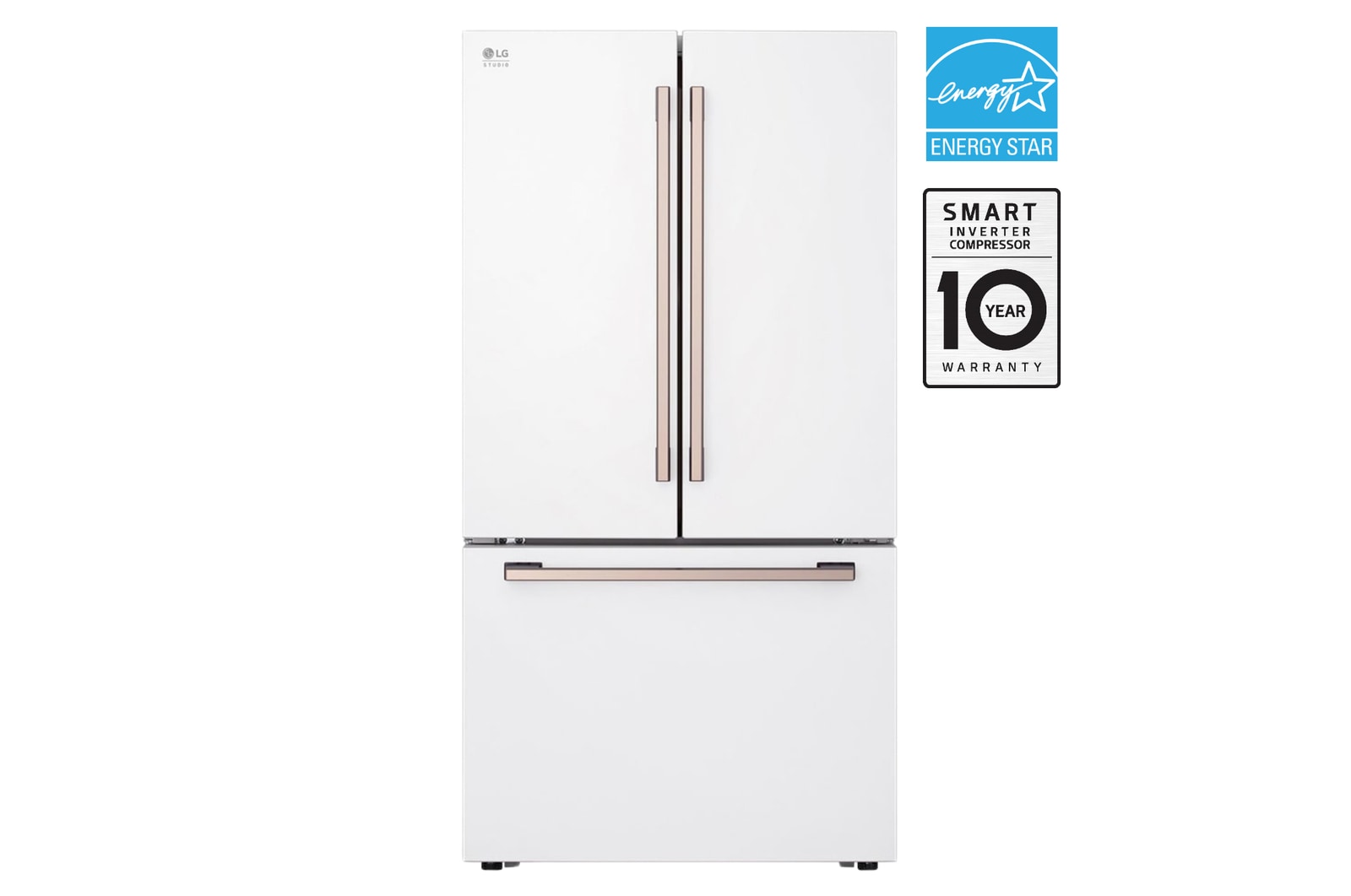 Front view of 36" 27 cu.ft. LG STUDIO Essence White Counter-Depth MAX® LG STUDIO French 3-Door Refrigerator | Internal Water Dispenser | Ice Maker SRFB27W3