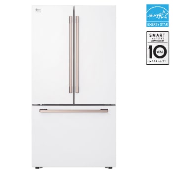 Front view of 36" 27 cu.ft. LG STUDIO Essence White Counter-Depth MAX® LG STUDIO French 3-Door Refrigerator | Internal Water Dispenser | Ice Maker SRFB27W3