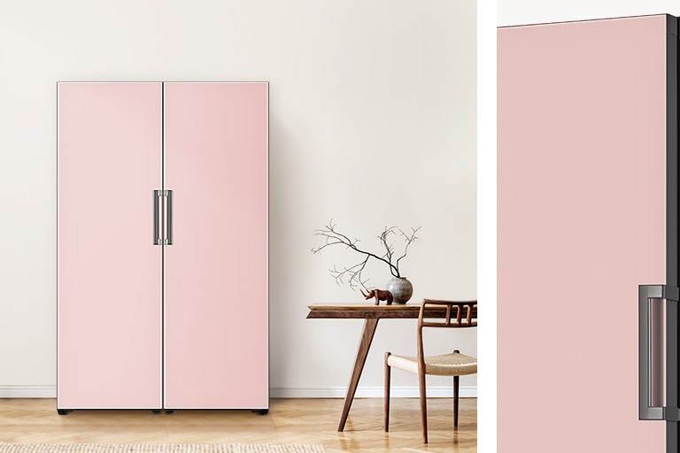  image is divided by 2 parts. 1/3 right part shows detailed view of the product focused on colour and material. 2/3 left part shows the product is placed at the suitable space. the product is Larder Glass Pink.