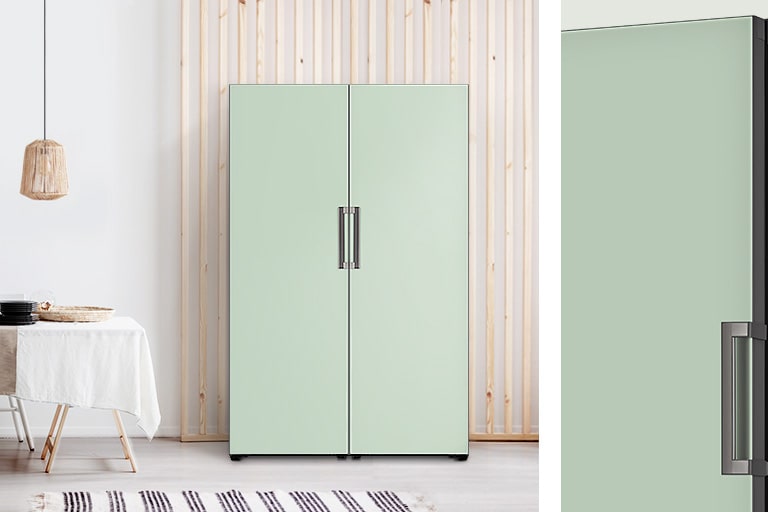  image is divided by 2 parts. 1/3 right part shows detailed view of the product focused on colour and material. 2/3 left part shows the product is placed at the suitable space. the product is Larder Glass Mint.