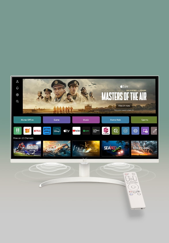 On the smart monitor screen, the webOS interface is displayed. Speaker waves emanate from the bottom corners of the monitor, and on the right side of the screen, there is a remote control.