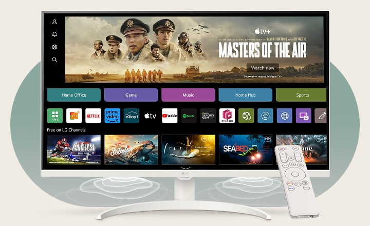 On the smart monitor screen, the webOS interface is displayed. Speaker waves emanate from the bottom corners of the monitor, and on the right side of the screen, there is a remote control.