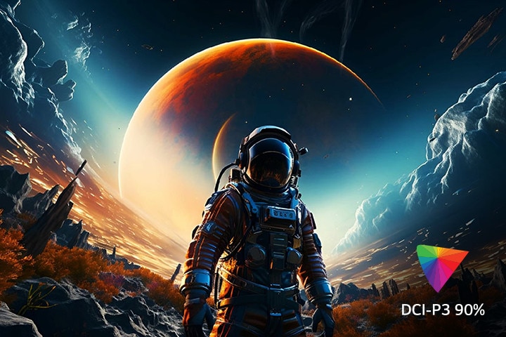 The screen contains various colours representing UHD 4K, and in the bottom right corner, there is a logo indicating DCI-P3 90%.