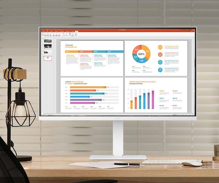 The picture shows a LG Smart Monitor on the desk, featuring work and play.