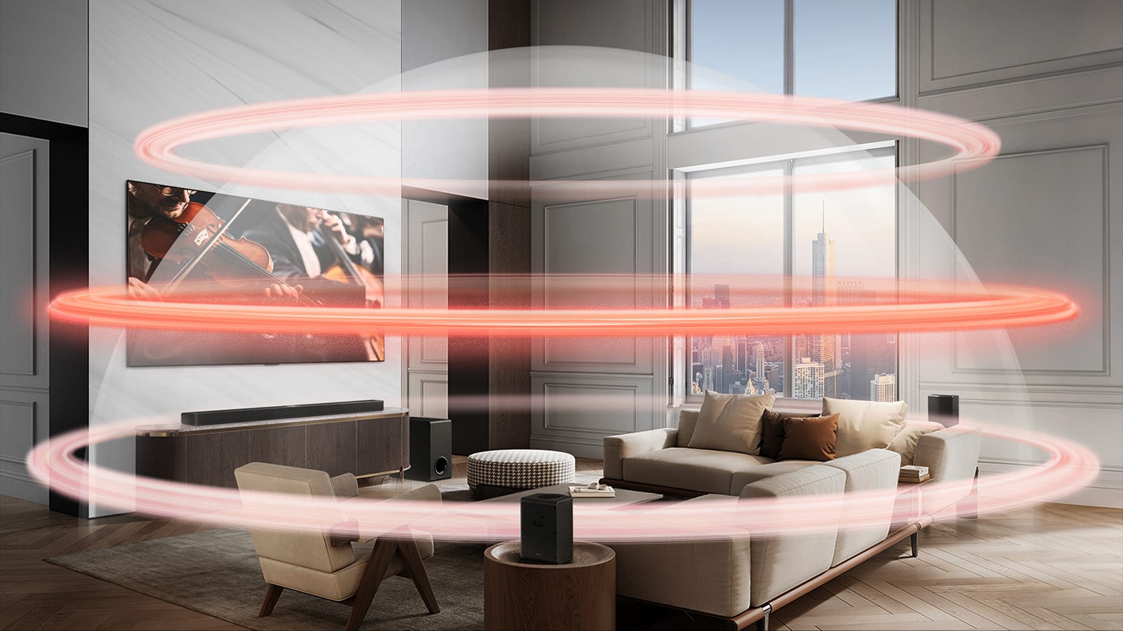 LG Soundbar, rear speakers and LG TV are in a grand city apartment. Three red bands appear one at a time depicting virtual layers, and come together to create a whole sound dome.