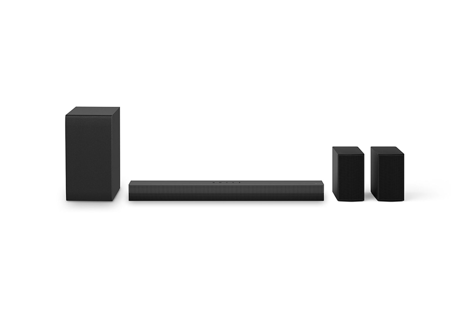 Front view of LG Soundbar S45TR, subwoofer, and Rear Speakers