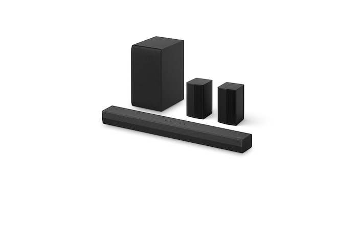 Angled view of LG Soundbar S45TR, subwoofer, and Rear Speakers