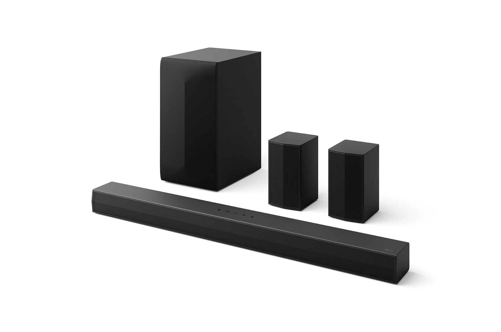 Angled view of LG Soundbar US60TR, subwoofer, and Rear Speakers