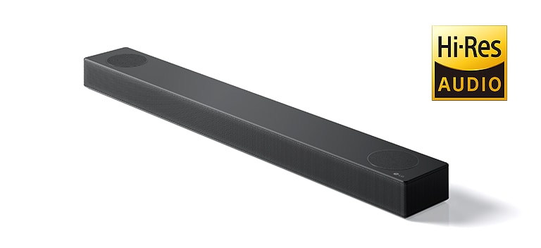 Full image of LG Sound bar with LG logo on the bottom right corner of a product.  Hi-Res AUDIO logo is shown on the right or image.