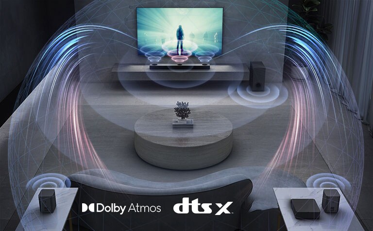 In the living room, LG TV is on the wall. A moive is playing on TV screen. LG Sound bar is right below TV on a grey shelf with a sub-woofer right next. A set of 2 rear speakers are on the back of the living room. Sound effect graphics are coming out from every speakers. Dolby Atmos and DTS:X logo shown on middle bottom of image.