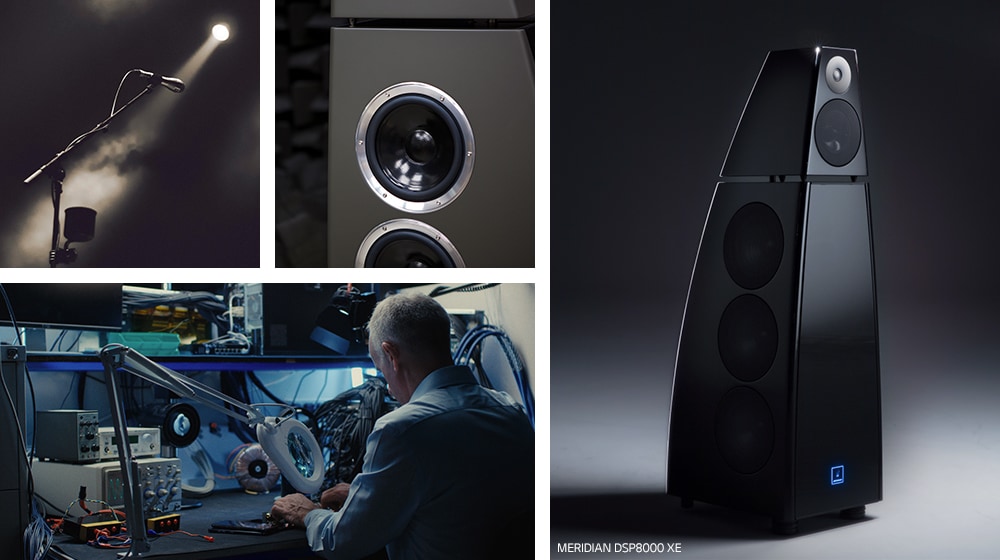 Collage. Clockwise from top-left: a microphone on stand with spotlight, a close up of meridian, a black Meridian speaker, and Meridian R
