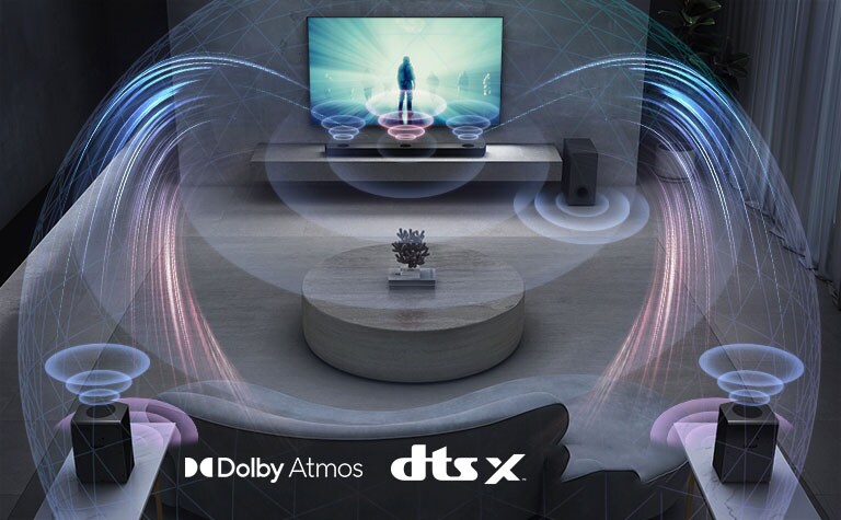 In the living room, LG TV is on the wall. A moive is playing on TV screen. LG Sound bar is right below TV on a grey shelf with a sub-woofer right next. A set of 2 rear speakers are on the back of the living room. Sound effect graphics are coming out from every speakers. Dolby Atmos and DTS:X logo shown on middle bottom of image.