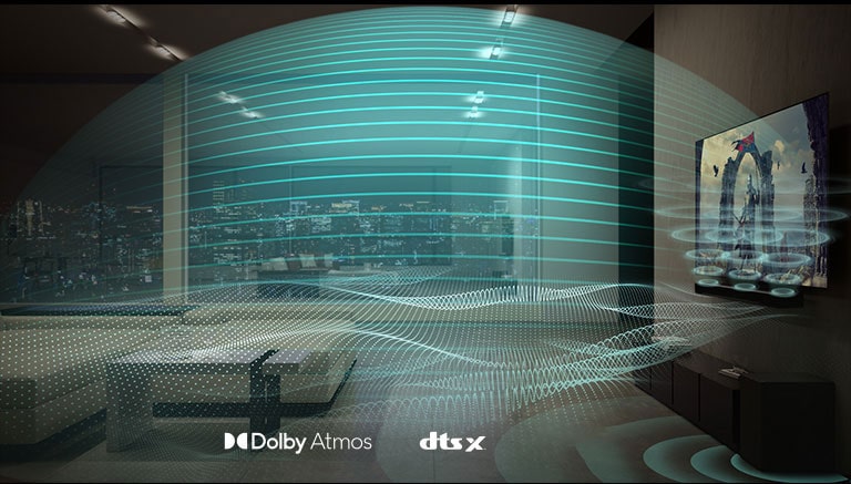 Variously formed blue sound waves are being released from the Sound Bar and TV to all over the living room.