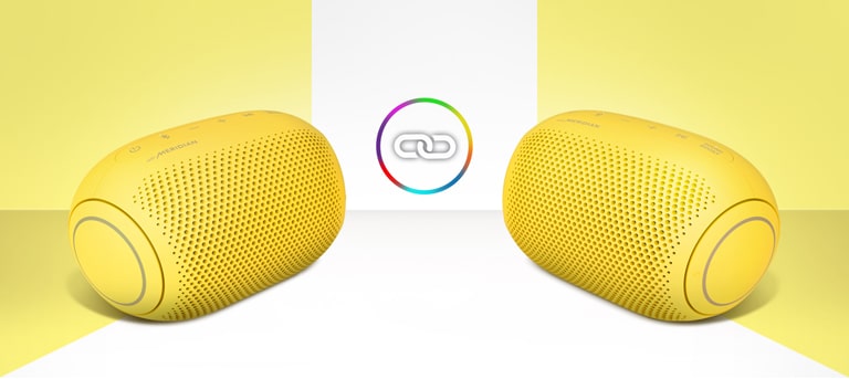 A front view of an LG XBOOM Go PL2B tilting down to its left and floating in the air