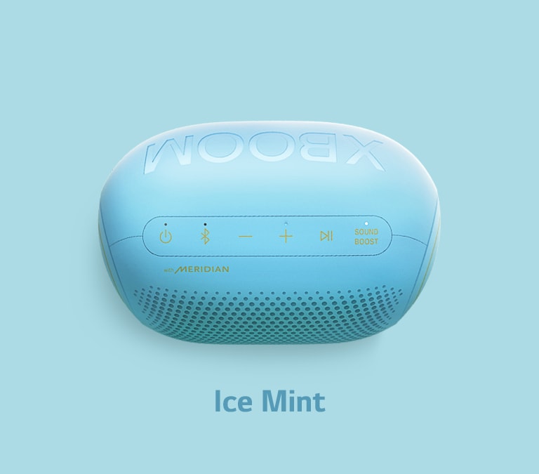 A ice mint flavored Jellybean of LG XBOOM Go is placed on a sky blue background.