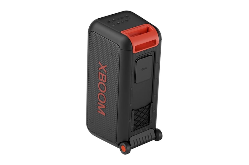 45-degree angle of back view. Showing buttons and a telescopic handle, and wheels.