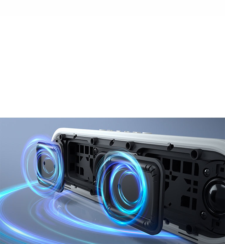 The LG StanbyME XT7S speaker is placed on the surface, showing the dual passive radiators. Blue graphics come out of the passive radiators and the bottom of the speaker.