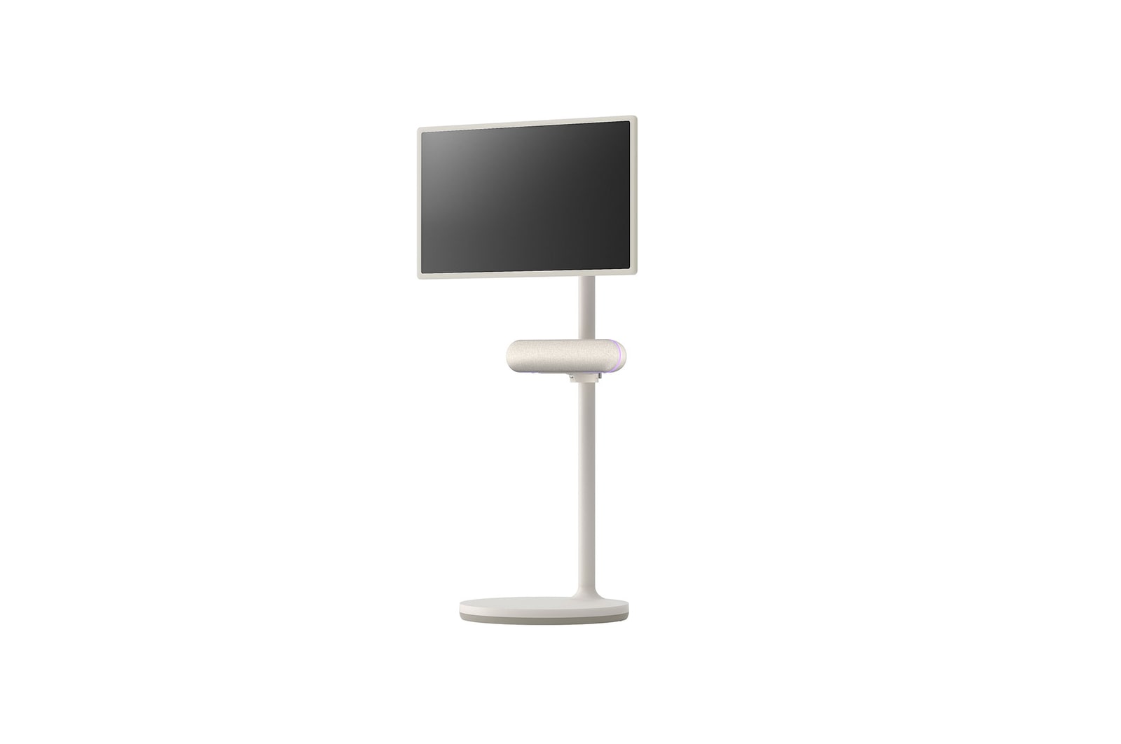 45 degree angle with the right side facing forward. The speaker is attached to LG StandbyME.