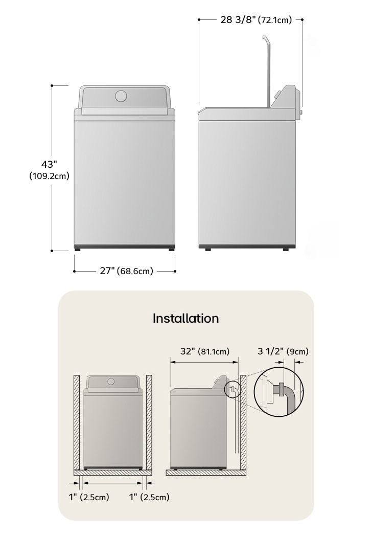 Technical dimension and installation diagram for the LG Top Load Washer: 27 in (68.6 cm) wide, 43 in (109.2 cm) high, 57 in (144.8 cm) lid open height, and 32 in (81.1 cm) required installation depth.