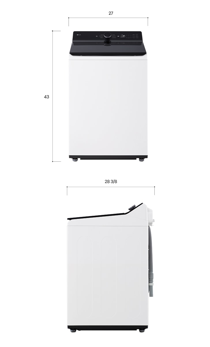 Technical dimension and installation diagram for the LG Top Load Washer: 27 in (68.6 cm) wide, 43 in (109.2 cm) high, 57 in (144.8 cm) lid open height, and 32 in (81.1 cm) required installation depth.