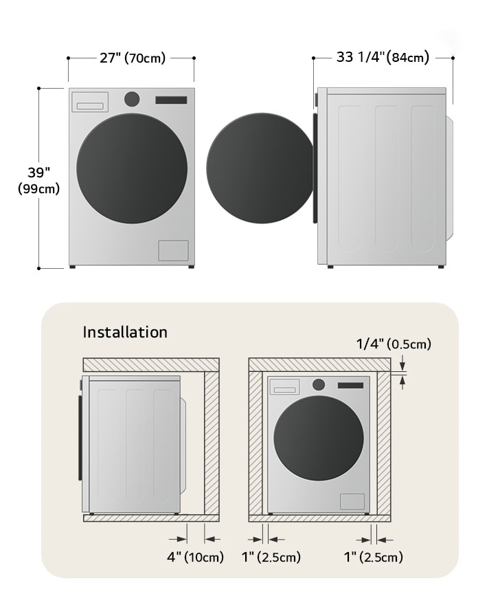 Technical dimension and installation diagram for the LG Front Load Washer: 27 in (70 cm) wide, 39 in (99 cm) high, 33 1/8 in (84 cm) deep, and 57 3/4 in (146.6 cm) with door open, detailing installation clearances.