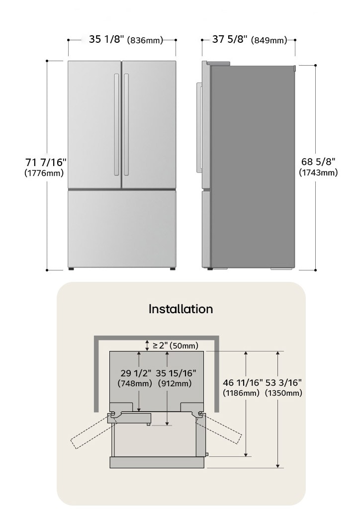 LG French Door Refrigerator technical drawing: H 69 15/16"(1776mm), W 32 15/16"(836mm), D 33 7/16"(849mm), incl. clearances.