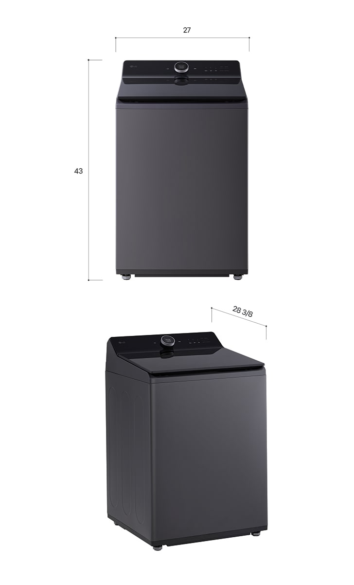 Technical dimension and installation diagram for the LG Top Load Washer: 27 in (68.6 cm) wide, 43 in (109.2 cm) high, 57 in (144.8 cm) lid open height, and 32 in (81.1 cm) required installation depth.