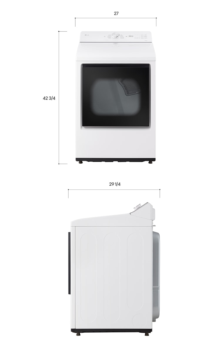 Technical dimension and installation diagram for the LG Dryer: 27 in (68.6 cm) wide, 42 3/4 in (108.7 cm) high, 29 1/4 in (74.3 cm) deep, and 50 1/2 in (1284 mm) with door open, detailing required installation and venting clearances.