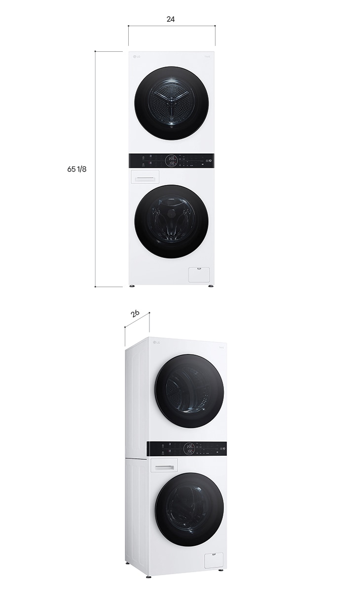Technical dimension and installation diagram for the compact LG WashTower: 24 in (60 cm) wide, 65 1/4 in (165.5 cm) high, 26 in (66 cm) deep, and 46.5 in (118 cm) with door open, detailing installation clearances.