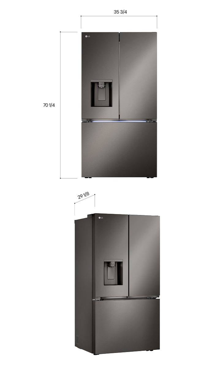 LG French Door Refrigerator technical drawing: H 70 1/4"(1785mm), W 35 3/4"(908mm), D 29 1/8"(739mm), incl. clearances.