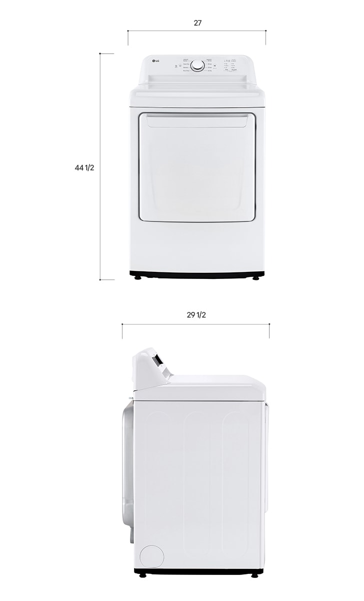 Technical dimension and installation diagram for the LG Dryer: 27 in (68.6 cm) wide, 44 1/2 in (113 cm) high, 29 1/2 in (75 cm) deep, and 50 1/4 in (1275 mm) with door open, detailing required installation and venting clearances.
