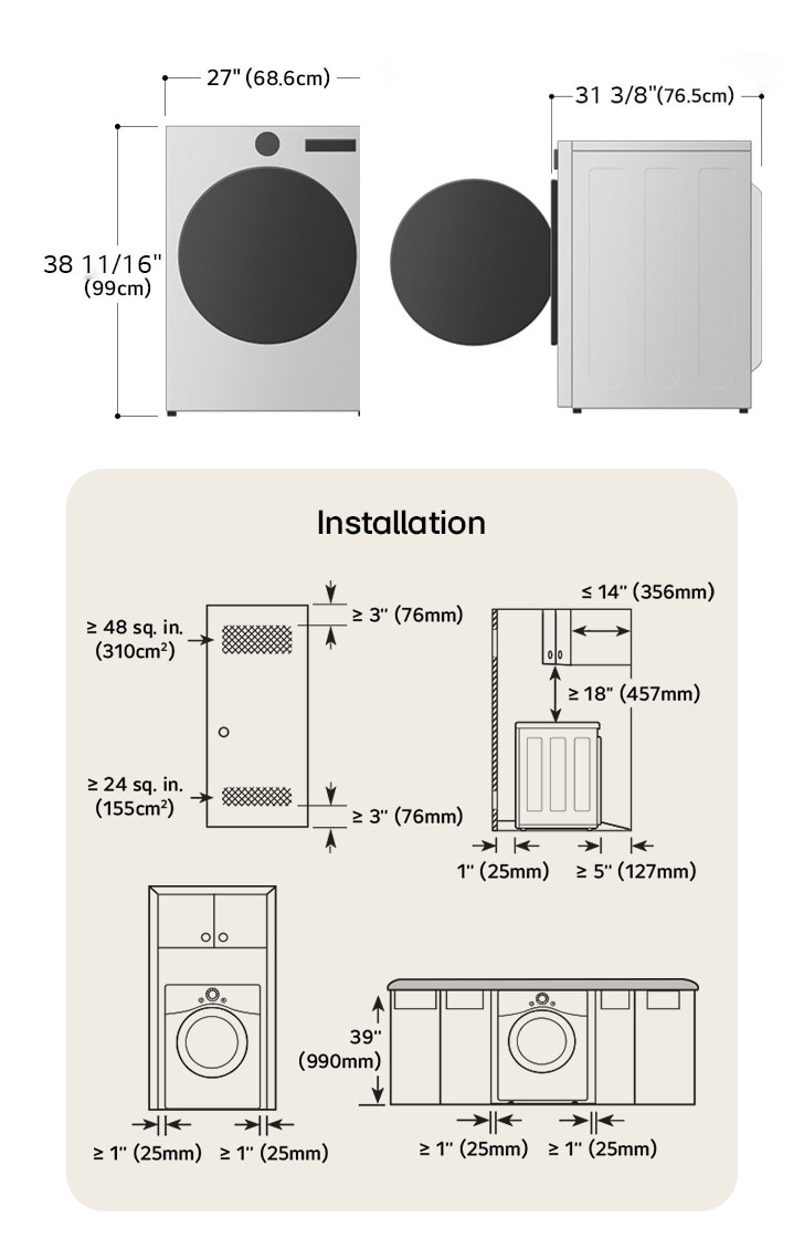 Technical dimension and installation diagram for the LG Front Load Dryer: 27 in (68.6 cm) wide, 39 in (99 cm) high, 30 1/8 in (76.5 cm) deep, and 51 3/8 in (130.5 cm) with door open, detailing required installation and venting clearances.