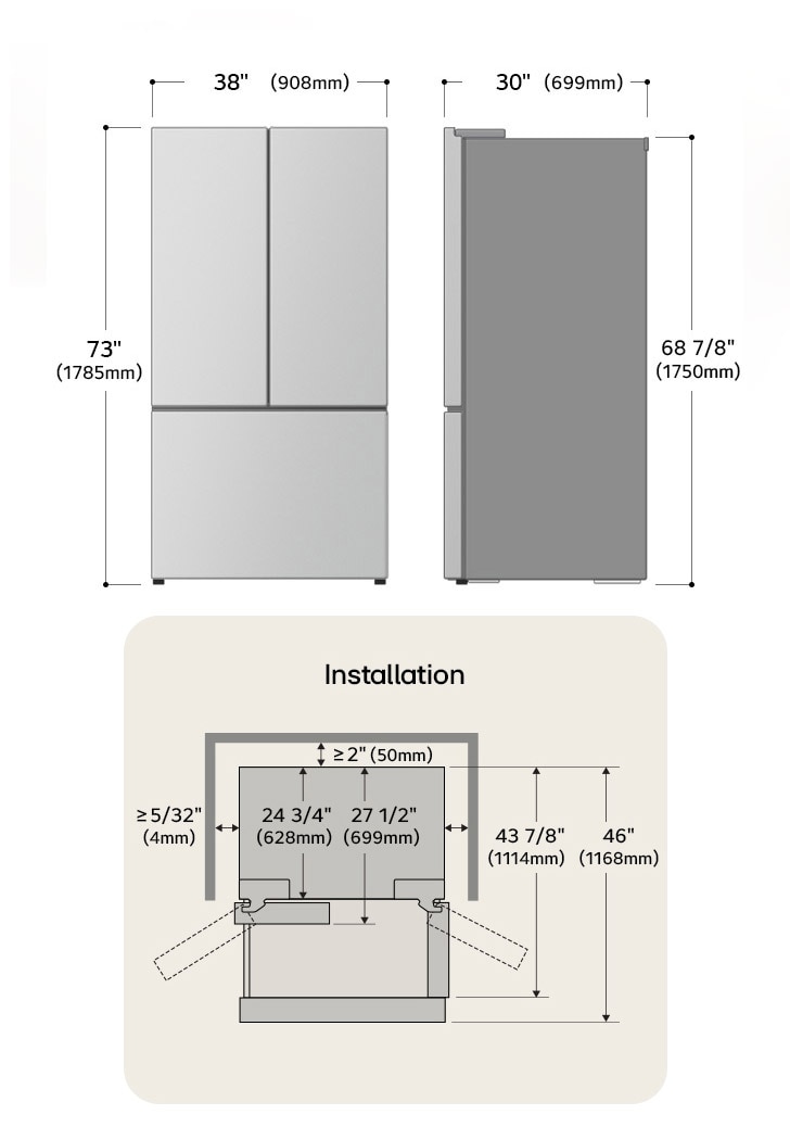 LG French Door Refrigerator technical drawing: H 70 1/4"(1785mm), W 35 3/4"(908mm), D 27 1/2"(699mm), incl. clearances.