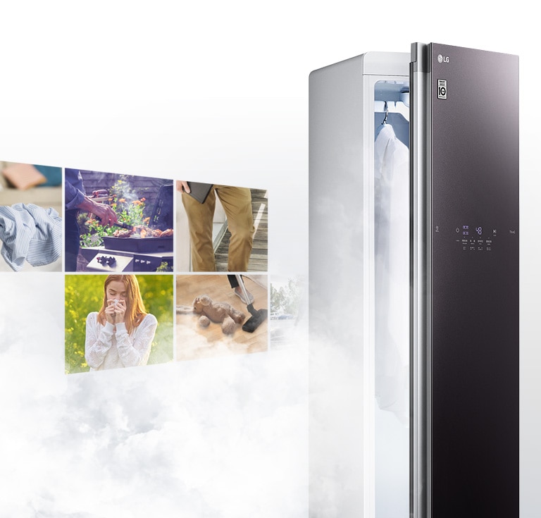 Various allergic conditions are listed like a panoramic film, and an LG Styler® product with a half-open door is standing next to it, expressing that Styler®steam can remove it.