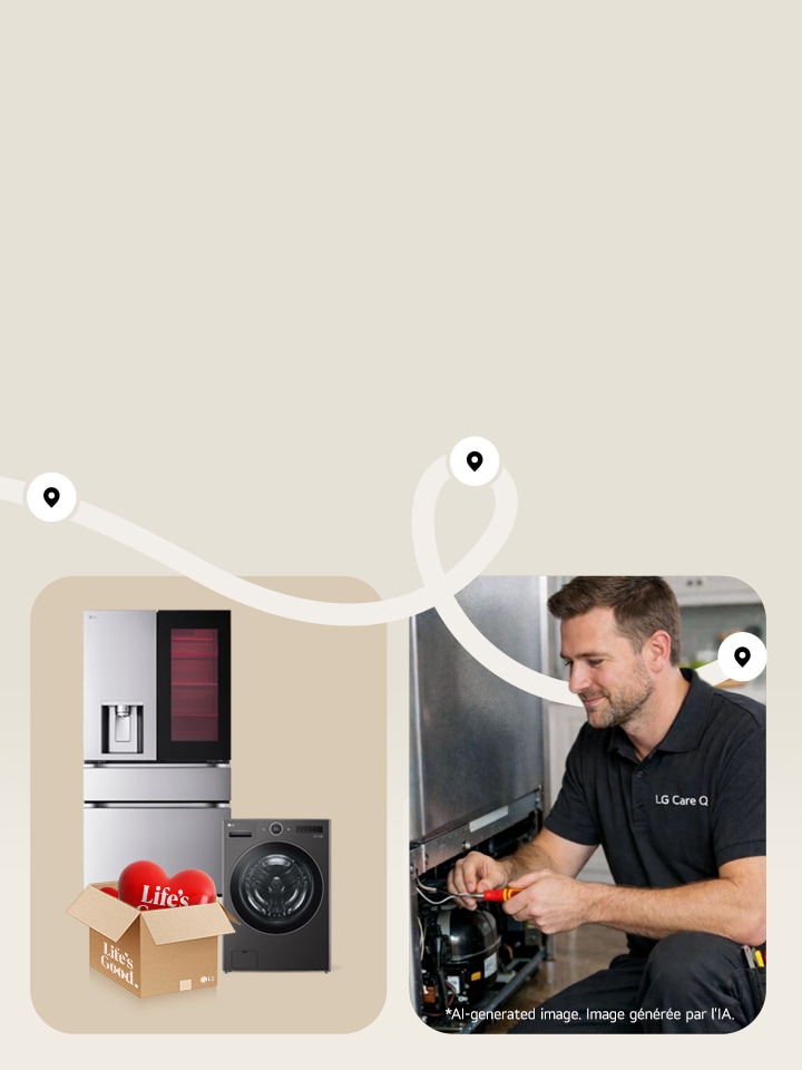 An LG refrigerator and washing machine next to a box filled with heart-shaped balloons labeled ‘Life’, with a character holding a heart and a woman using a smartphone connected by a curved line.