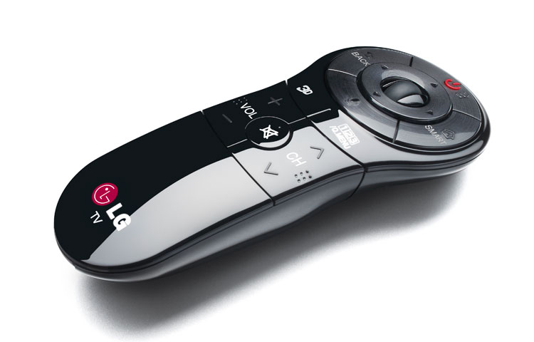 Front view of THE LG MAGIC REMOTE VOICE IS A SIMPLE WAY OF CONTROLLING THE LG SMART TV FOR THE MOST CONVENIENT STYLISH AND ADVANCED SMART TV EXPERIENCE. NOW YOU CAN ENJOY 4 EASY MODES ON THE LG MAGIC REMOTE CONTROL - WHEEL, VOICE, GESTURE, AND POINT!  AN -MR400