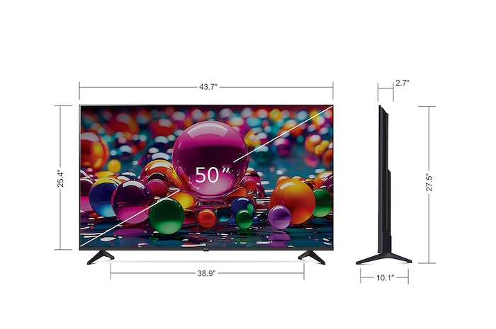 Front view and side view of LG UHD AI  UA77 4K Smart TV showing its length, width, height, and depth dimensions.