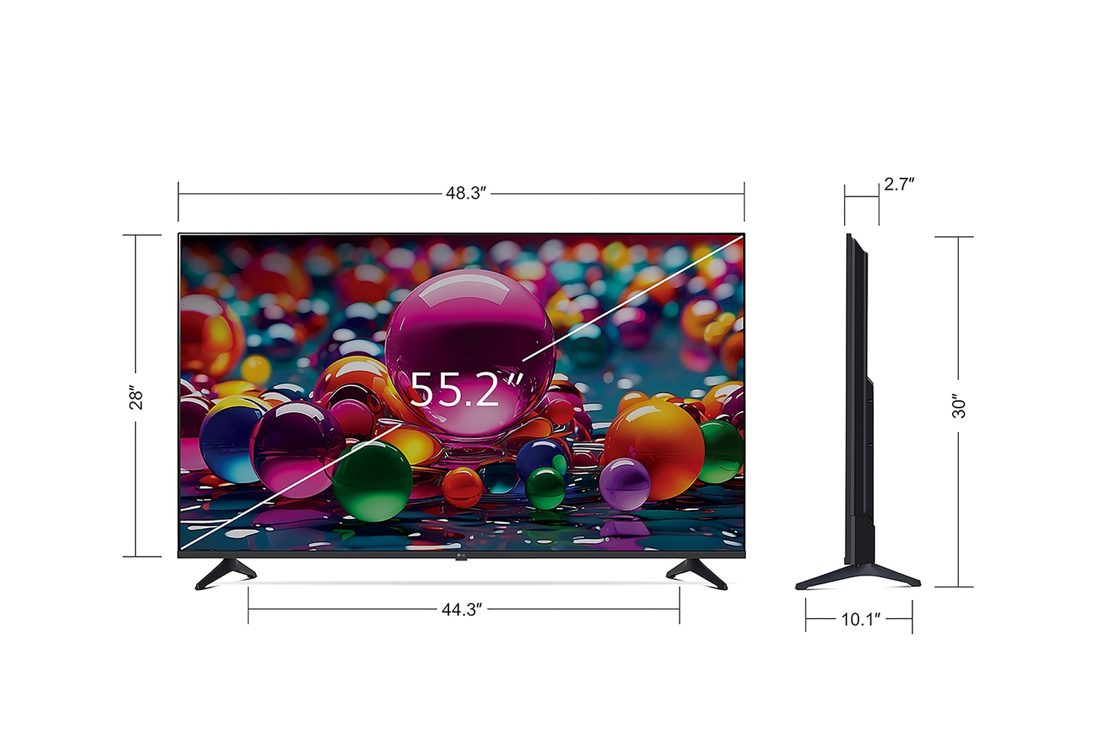Front view and side view of LG UHD AI UA77 4K Smart TV showing its length, width, height, and depth dimensions.