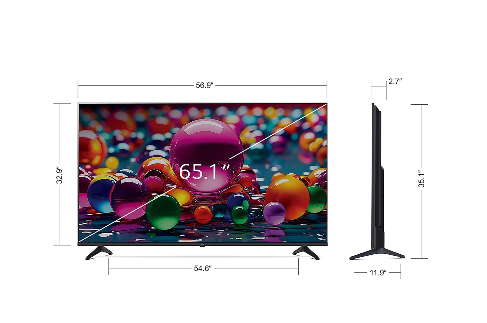 Front view and side view of LG UHD AI UA77 4K Smart TV showing its length, width, height, and depth dimensions.