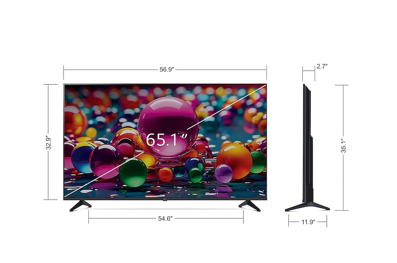 Front view and side view of LG UHD AI UA77 4K Smart TV showing its length, width, height, and depth dimensions.