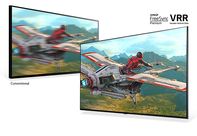 Two TVs show stills from a racing game. The converntional TV's image is blurry, the TV with AMD FreeSync