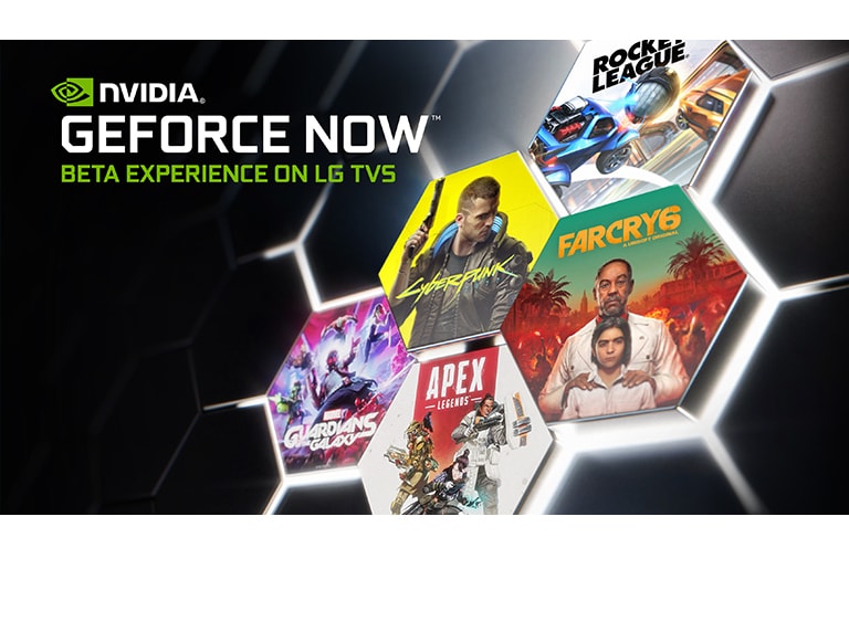 An image featuring the GeForce Now logo on a dark background. Cover art and titles of several popular games are shown.