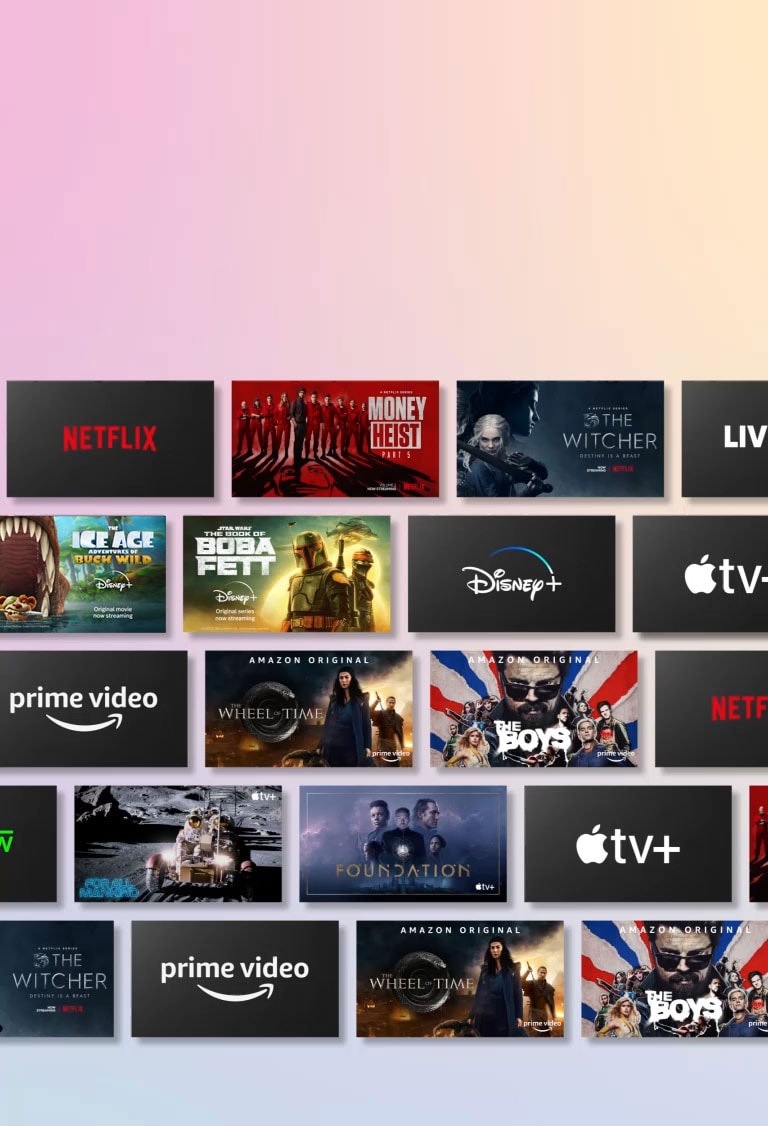 Rows of OTT content side-scrolls while displaying the OTT provider logo and the thumbnails of content offered.