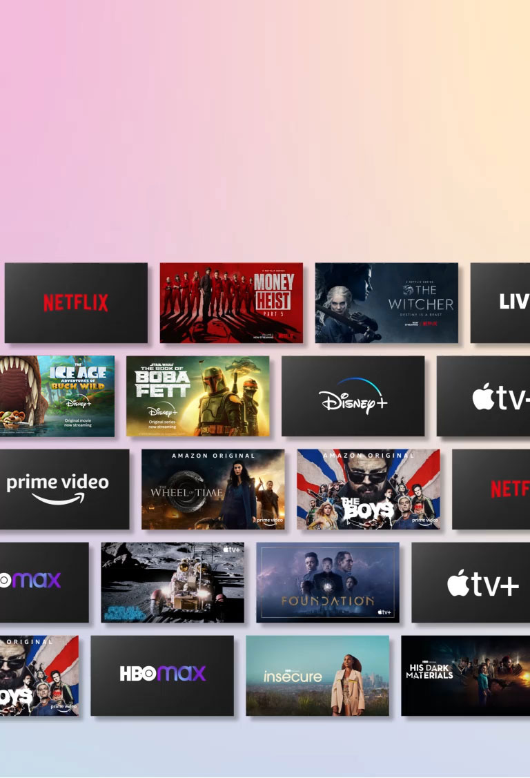 Rows of OTT content side-scrolls while displaying the OTT provider logo and the thumbnails of content offered.