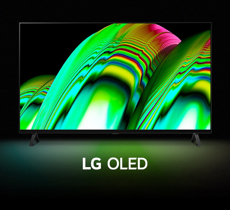 A green abstract wave pattern fills the screen then gradually zooms out to reveal the LG OLED A2. The screen goes black then displays the wave pattern again with the words "LG OLED" underneath.